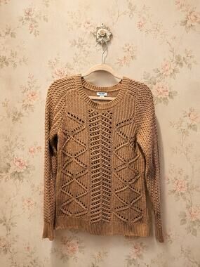 Old Navy Womens Medium Brown Open Knit Crochet Cable Sweater Cotton Blend